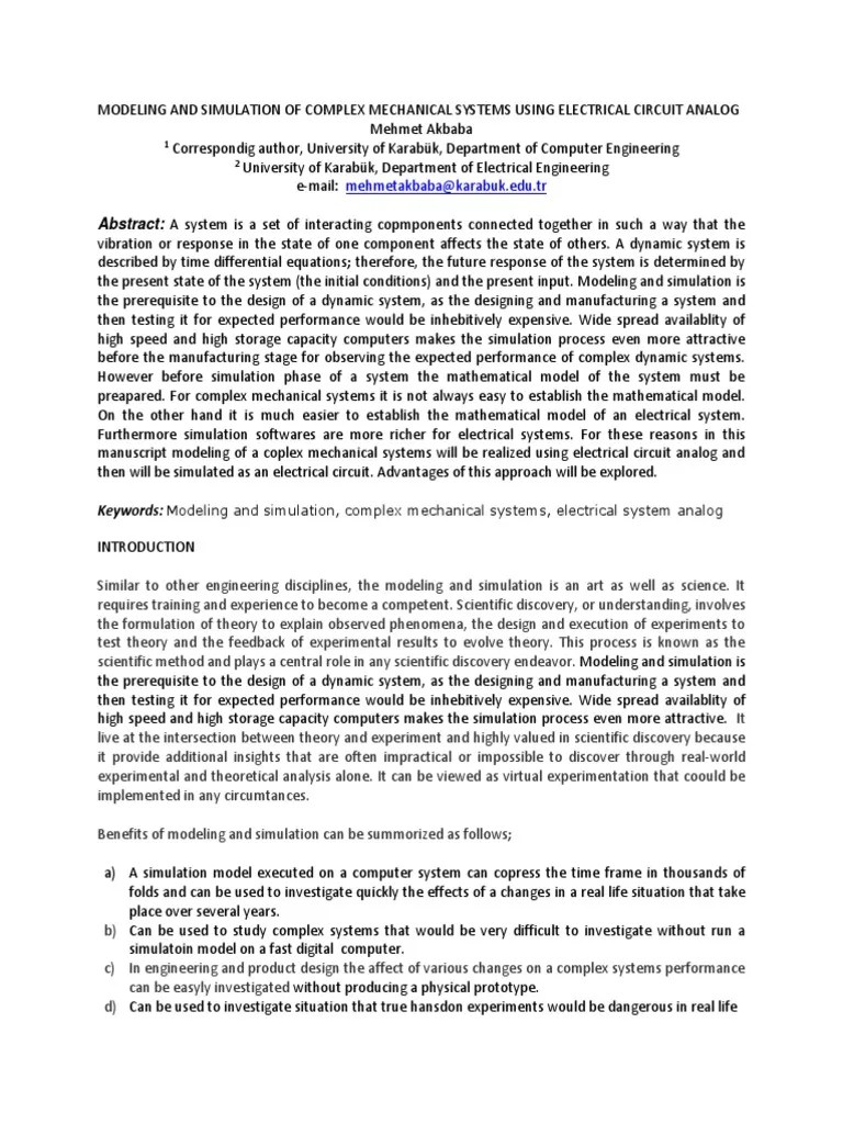 Modeling And Simulation Of Complex Mechanical Systems Using Electrical ...