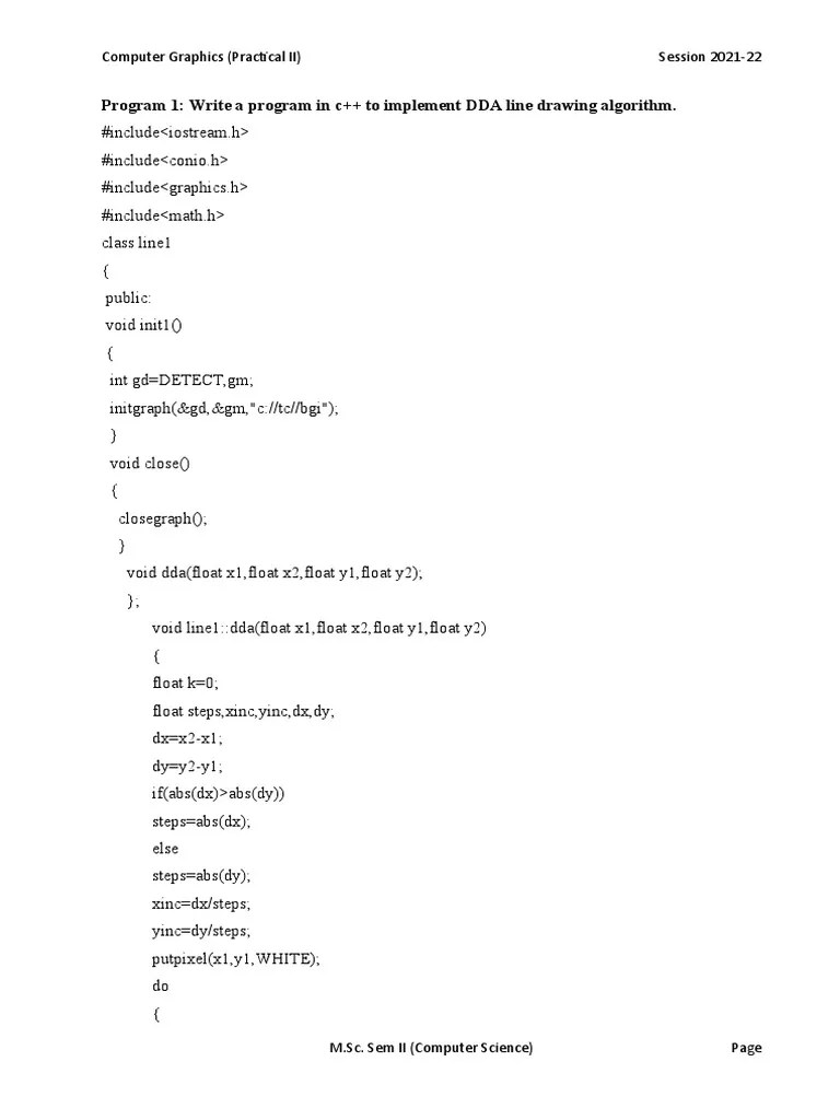 Program 1: Write A Program In C++ To Implement DDA Line Drawing Algorithm | Download Free PDF ...