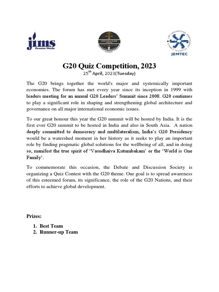 G20 Quiz Competition Brochure | PDF | Question | Multiple Choice