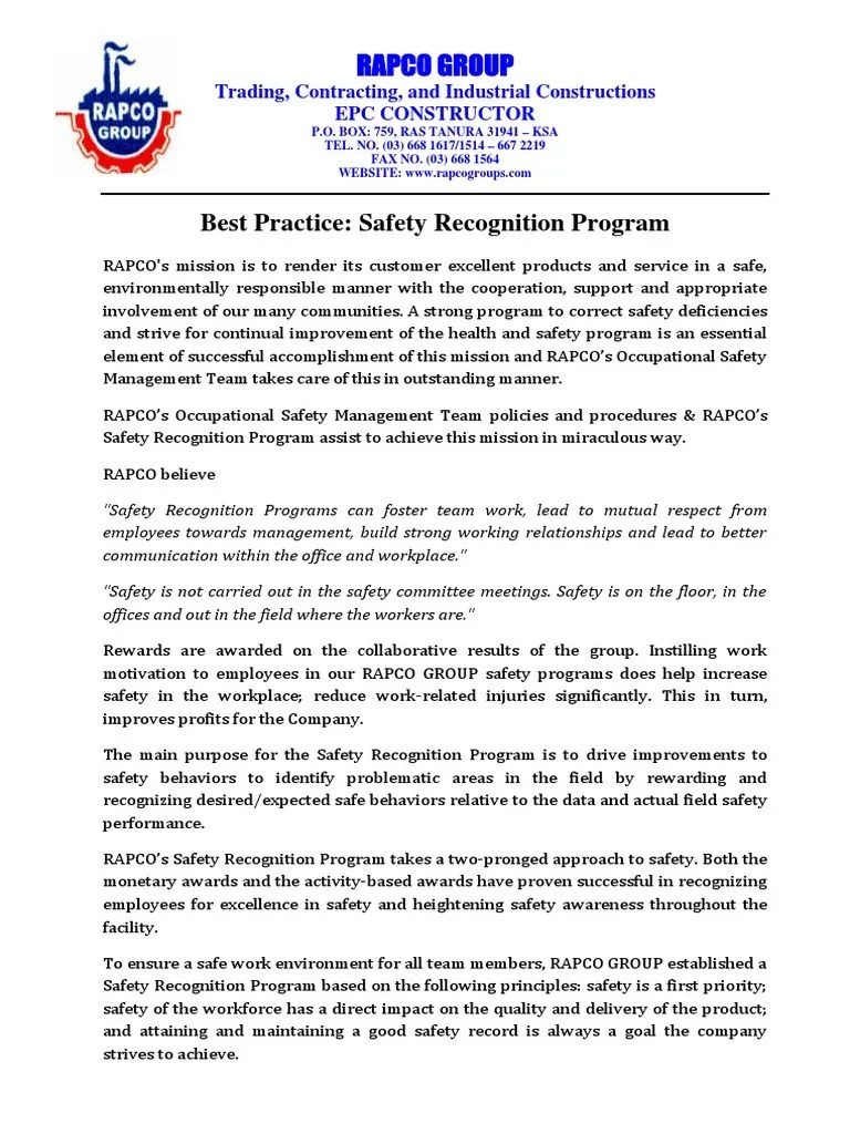 Safety Recognition Program Pdf Occupational Safety And Health Labor