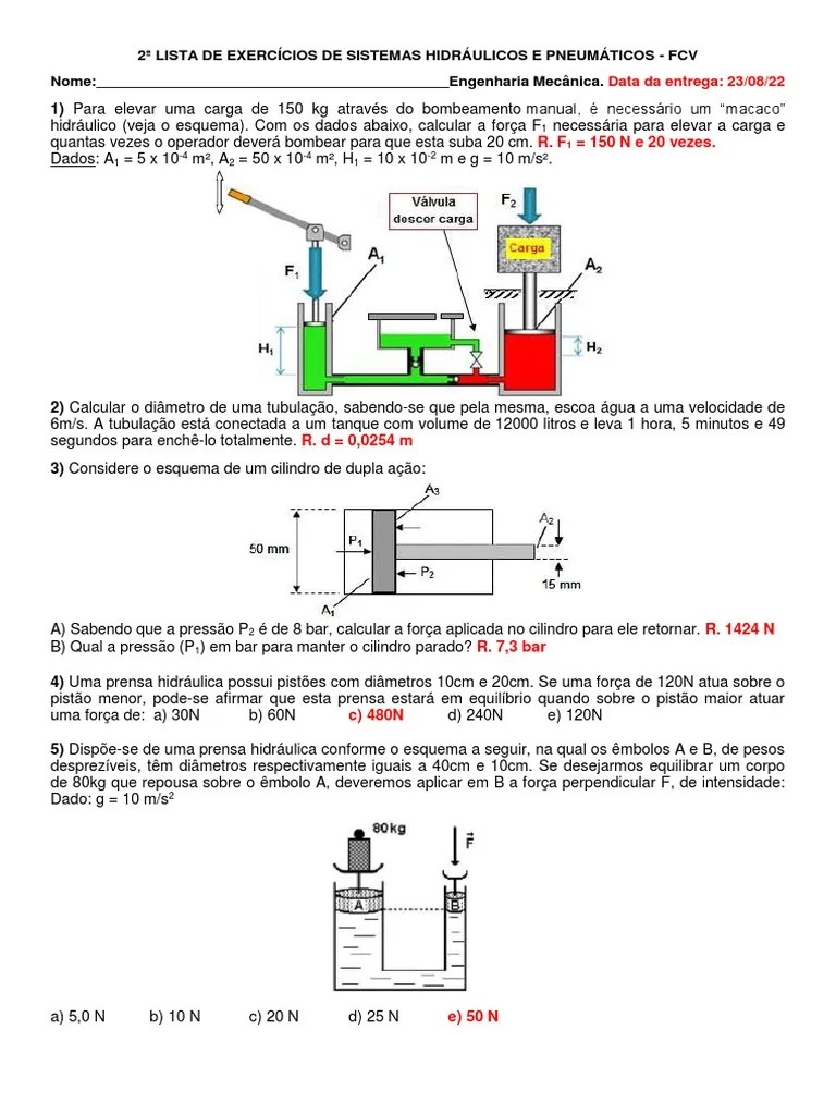 2 Lista De Exercícios - Sistemas Hidráulicos E Pneumáticos | PDF