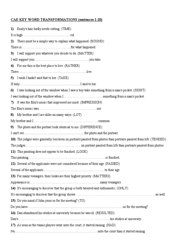 CAE KEY WORD TRANSFORMATIONS Sent 1-20 | PDF