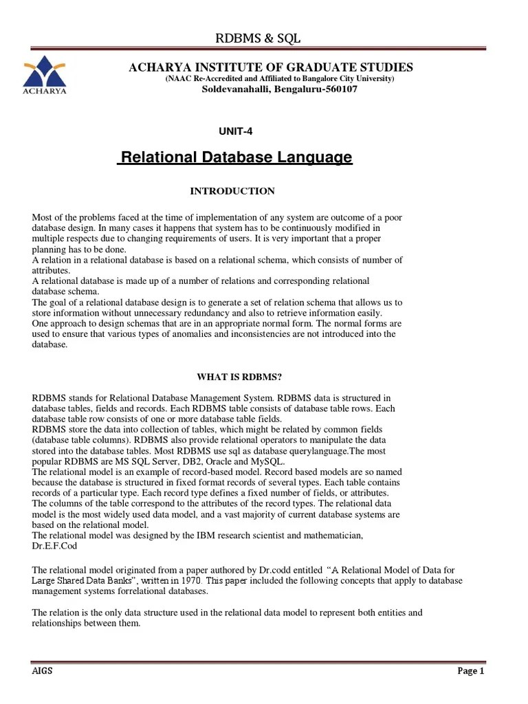 Unit 4 - Relational Database Language | PDF | Relational Database ...