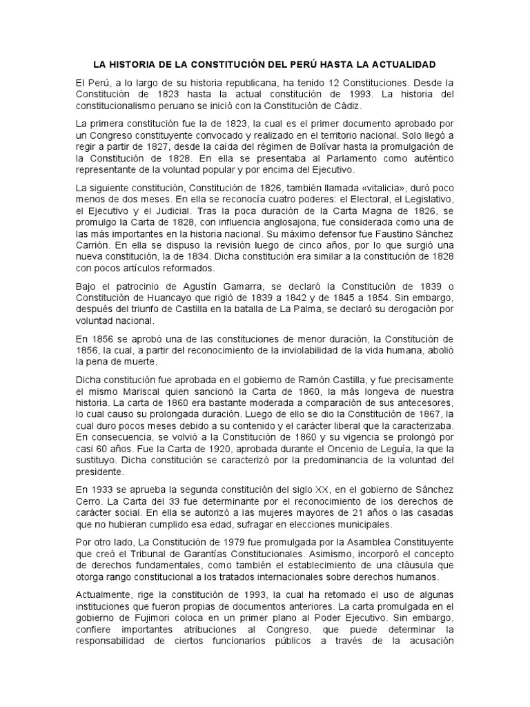 La Historia De La Constitución Del Perú Hasta La Actualidad | PDF | Constitución | Gobierno