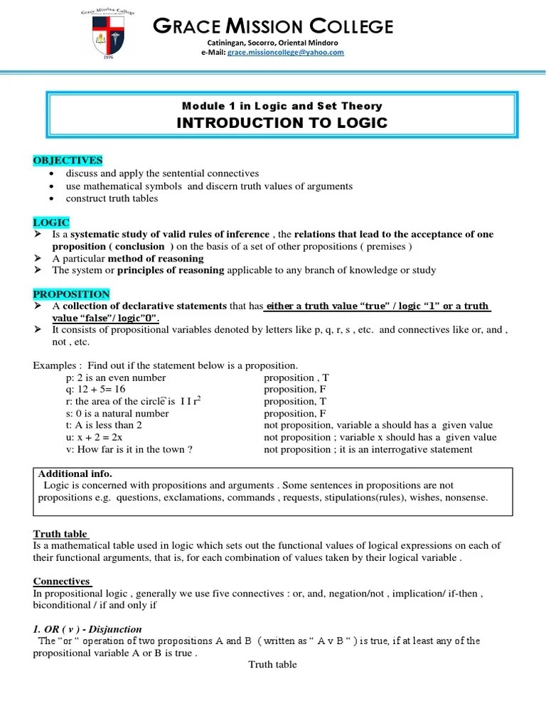 Logic And Set Theory Module 1 | PDF | Logic | Proposition