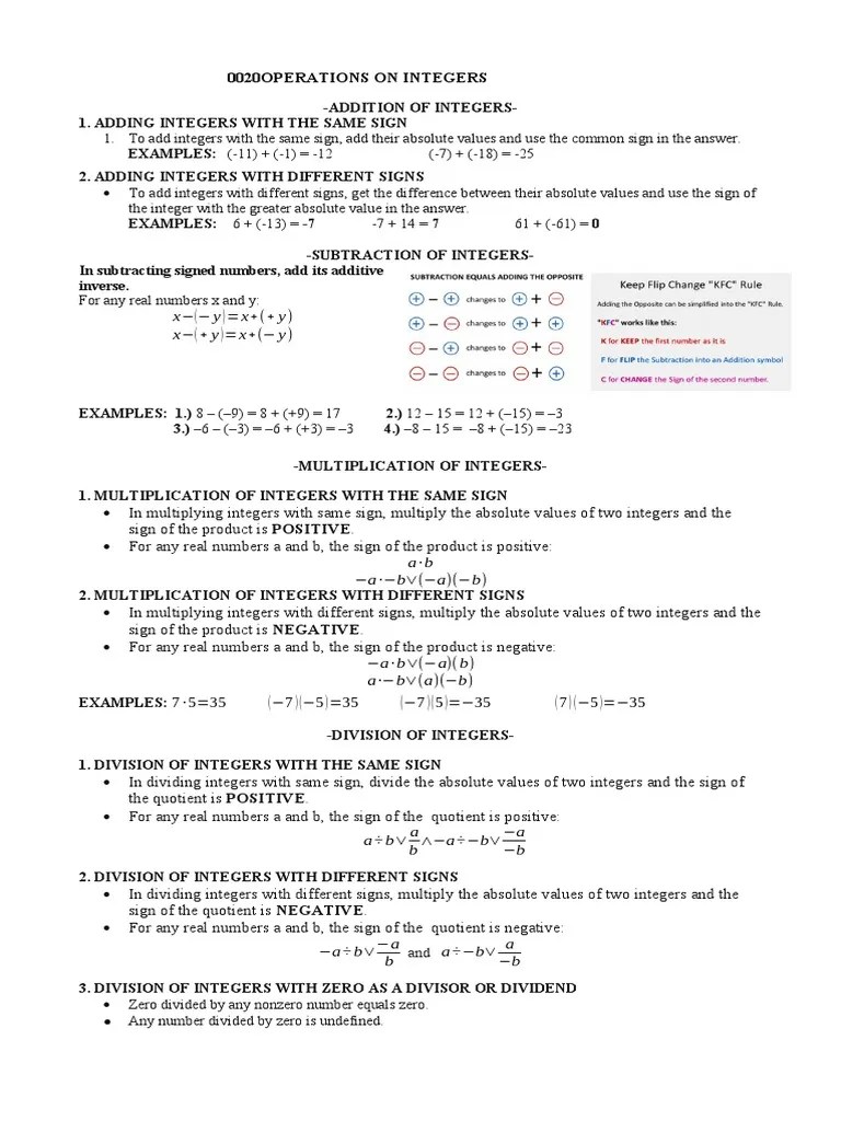 OPERATIONS ON INTEGERS Notes | PDF | Division (Mathematics) | Algebra