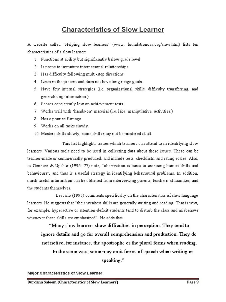 Characteristics Of Slow Learner | PDF | Learning Disability | Learning