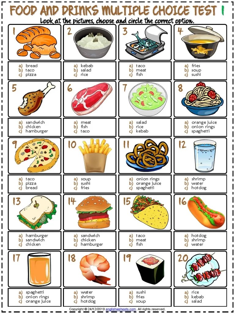 Food And Drinks Vocabulary Esl Multiple Choice Tests For Kids PDF | PDF | Pasta | Foods