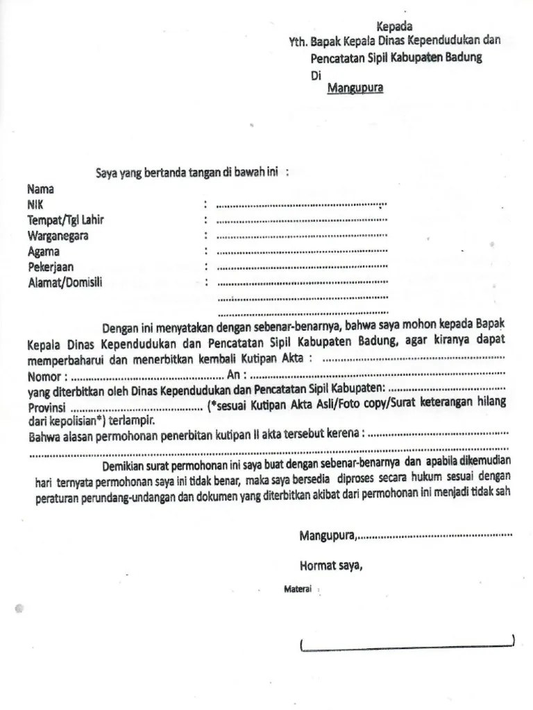Surat Pernyataan Penerbitan Kembali Kutipan Akta PDF | PDF