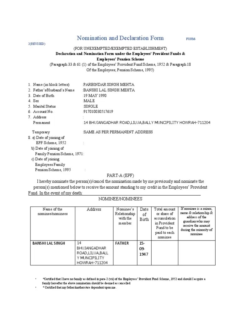 Form2 PF Nomination Form | Download Free PDF | Government | Employee ...