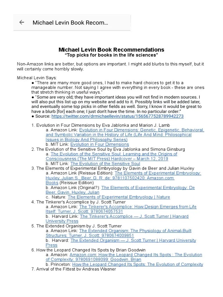 Michael Levin Book Recommendations | PDF | Biological Evolution | Evolutionary Biology