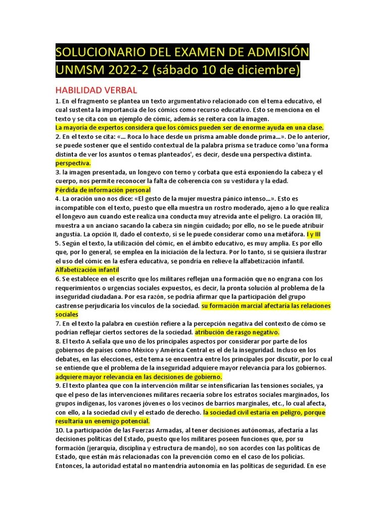 SOLUCIONARIO DEL EXAMEN DE ADMISIÓN UNMSM 2022 Sábado 10 De Diciembre ...
