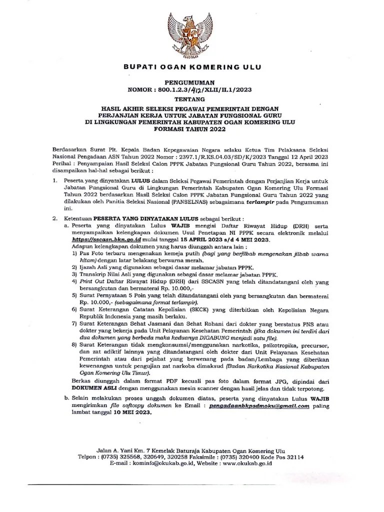 Hasil Akhir Seleksi P3K Guru Formasi 2022 | PDF