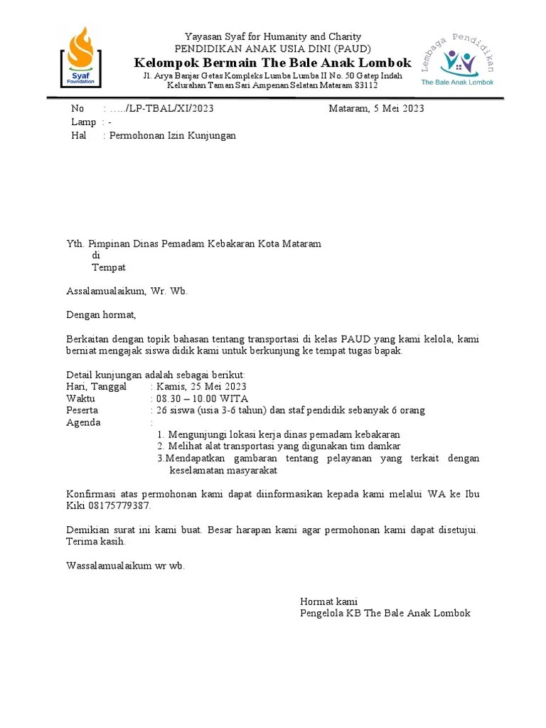 Surat Izin Kunjungan Ke Kantor Damkar | PDF