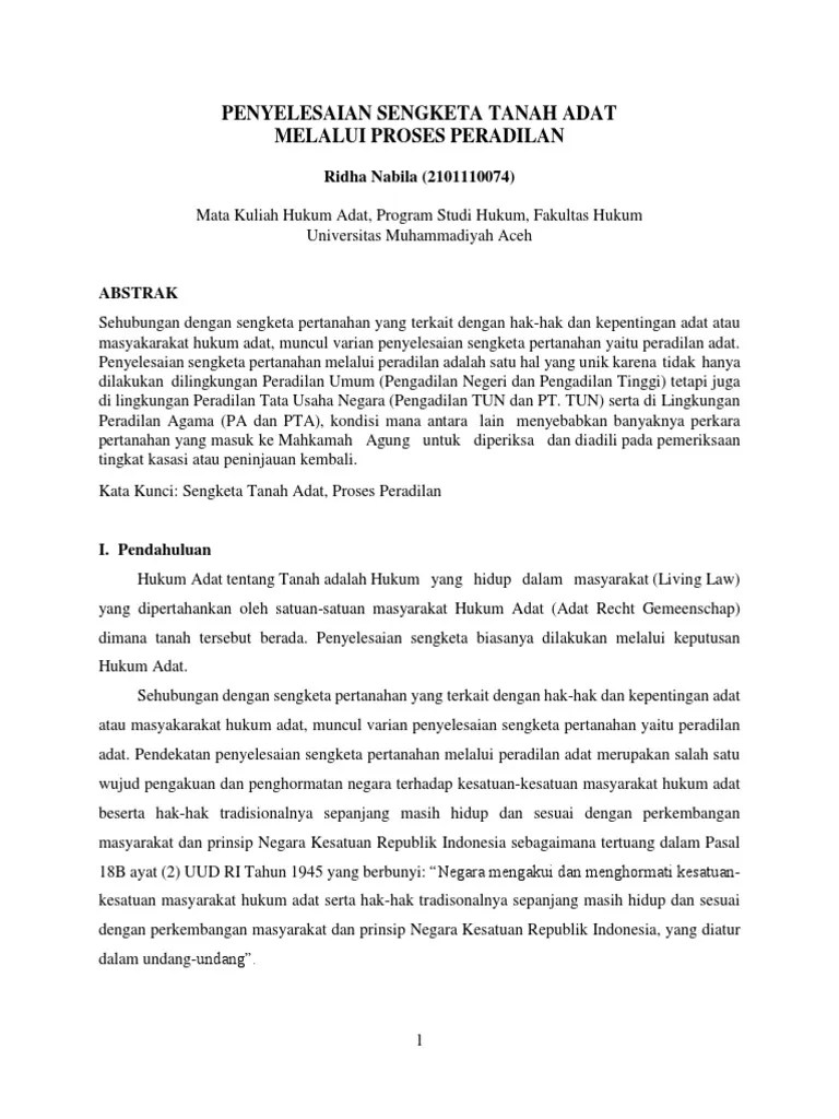 Jurnal PENYELESAIAN SENGKETA TANAH ADAT MELALUI PROSES PERADILAN | PDF