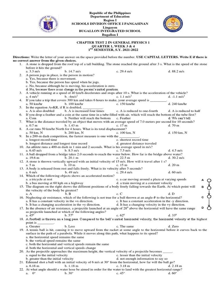 GeneralPhysics1 Q1 ChapterTest2 | Download Free PDF | Acceleration | Velocity