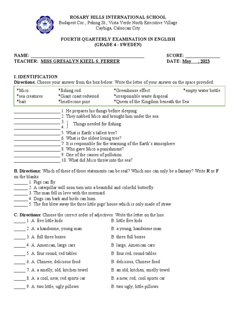 English 4 3rd Quarter Exam | PDF