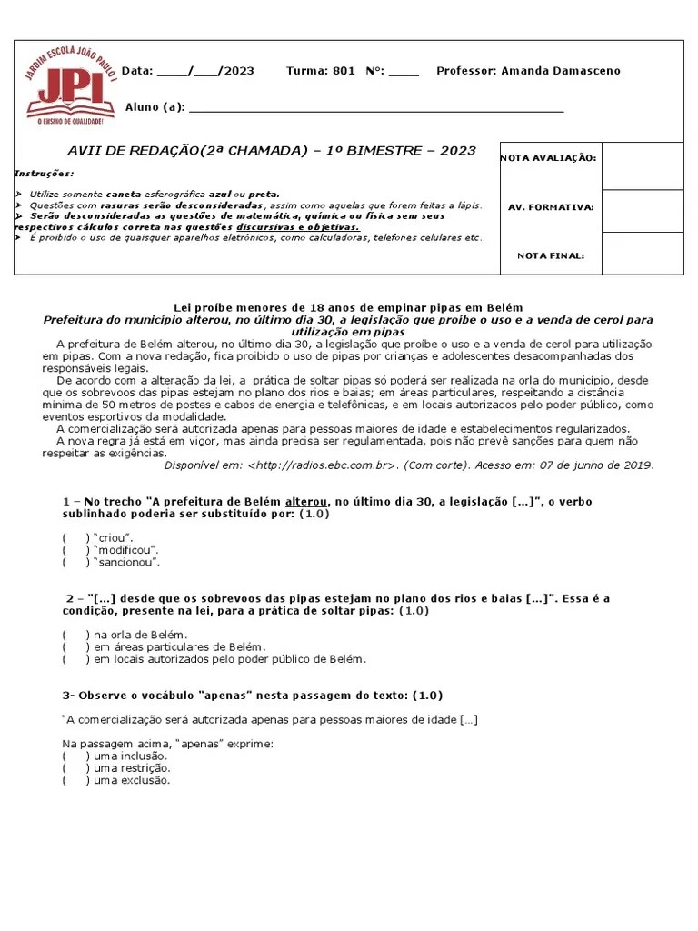 8º Ano - 2 Chamada - Av2 De Redação - 1º Bim | PDF