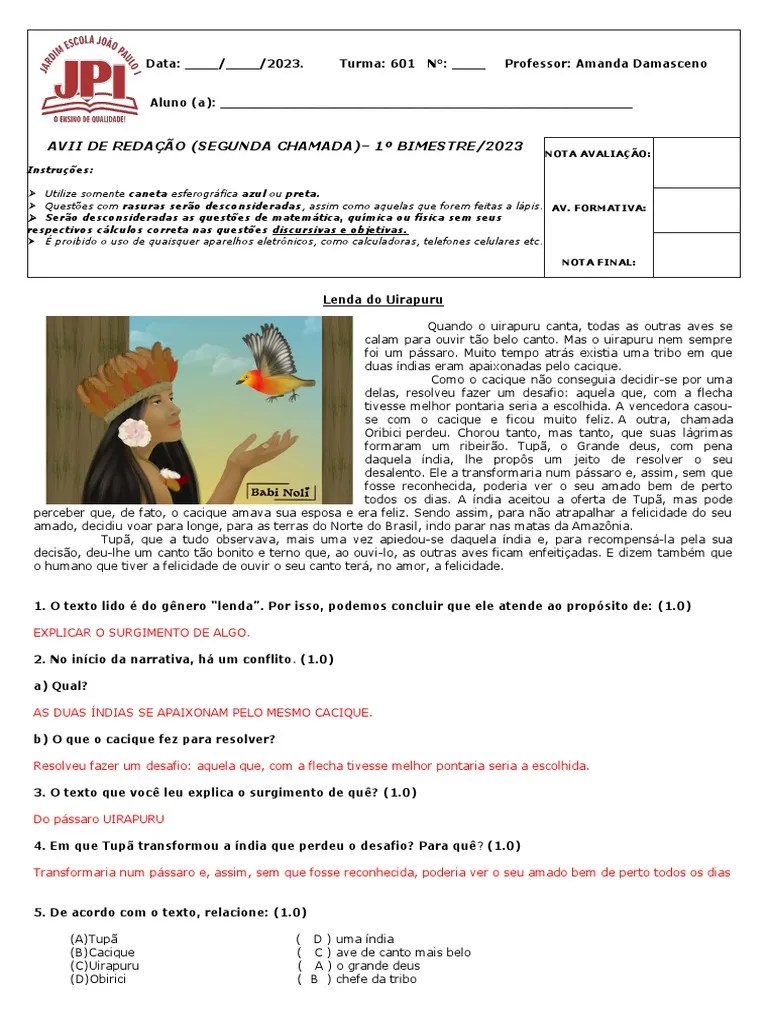 Gab, 6º Ano - Segunda Chamada - Av2 De Redação - 1º Bim | PDF | Amor