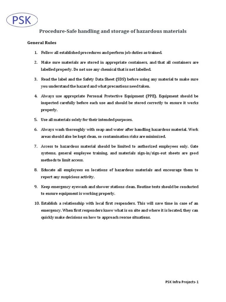 Safe Handling And Storage Of Hazardous Materials | PDF