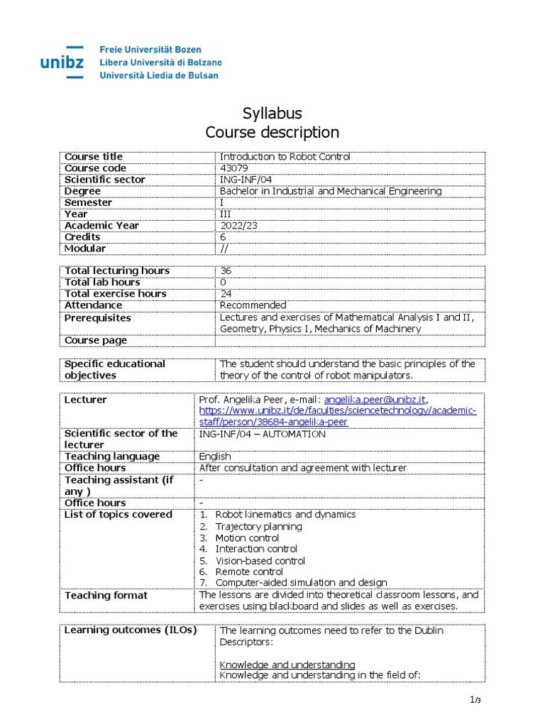 Syllabus | Download Free PDF | Robot | Robotics