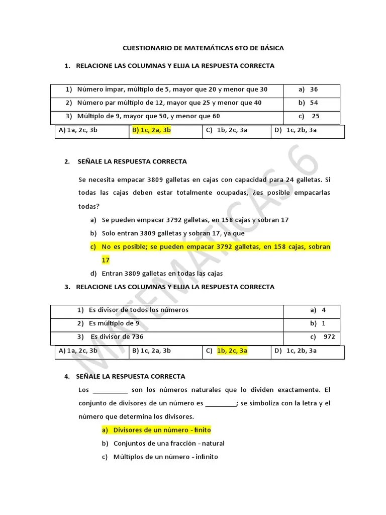 Cuestionario De Preguntas Matemáticas 6 | PDF | Teoría De Los Números ...