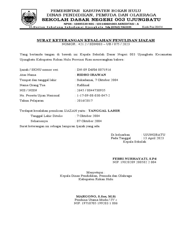 Surat Keterangan Salah Penulisan Ijazah | PDF