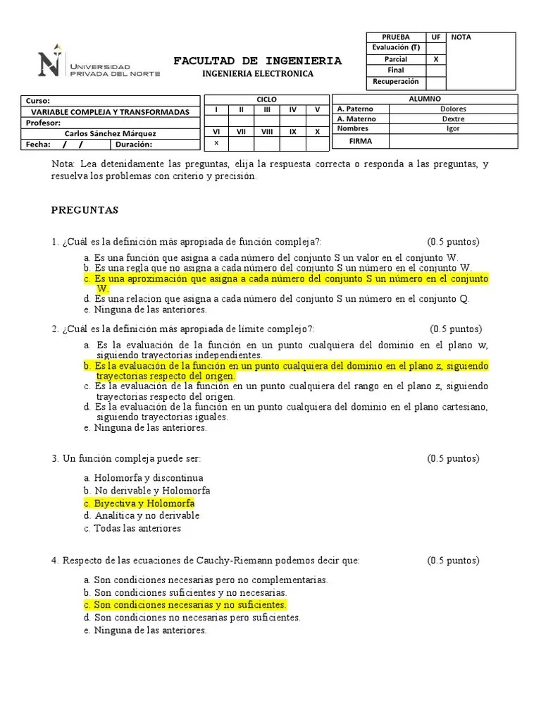 Examen Parcial VC 2023 1 | PDF | Integral | Análisis Complejo