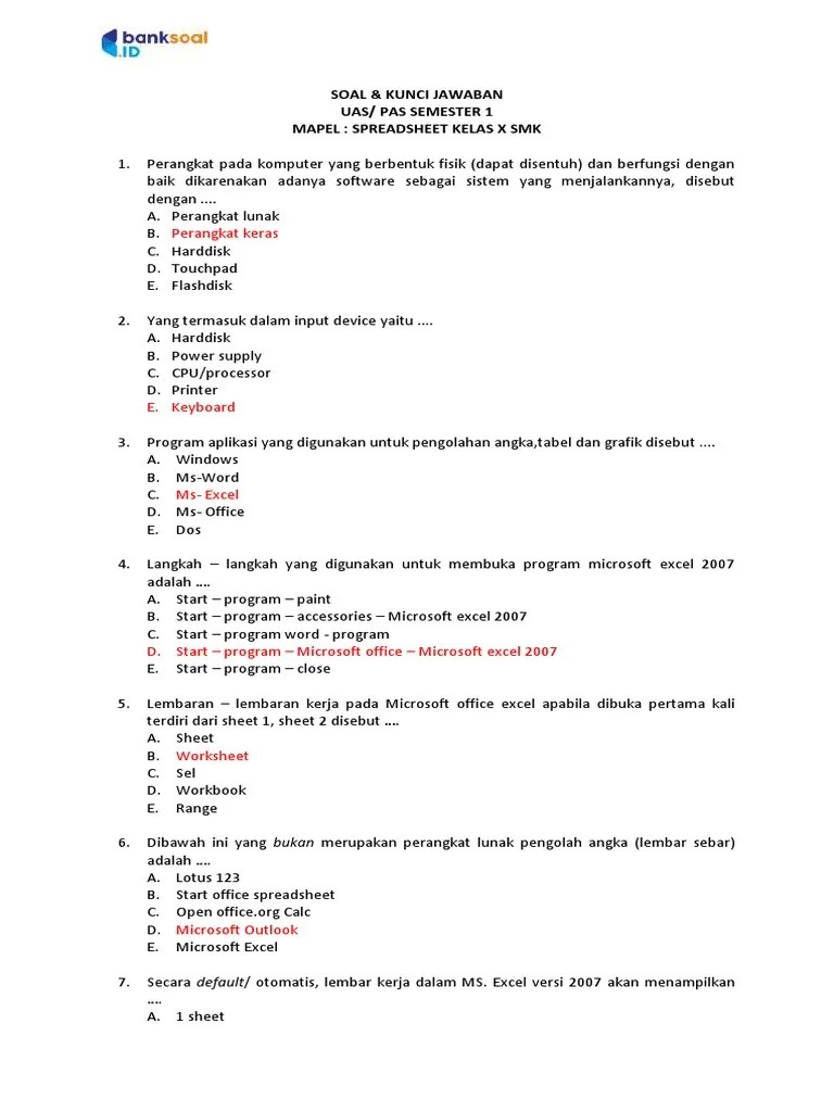 Soal & Kunci Pas Spreadsheet Kelas 10 Semester 1 2021 | PDF