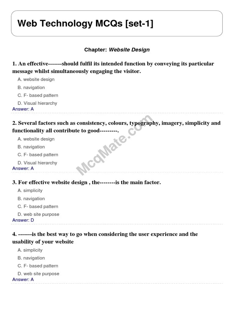 Web Technology (Chapter - Website Design) Solved MCQs (Set-1) PDF | Download Free PDF | Bit Rate ...