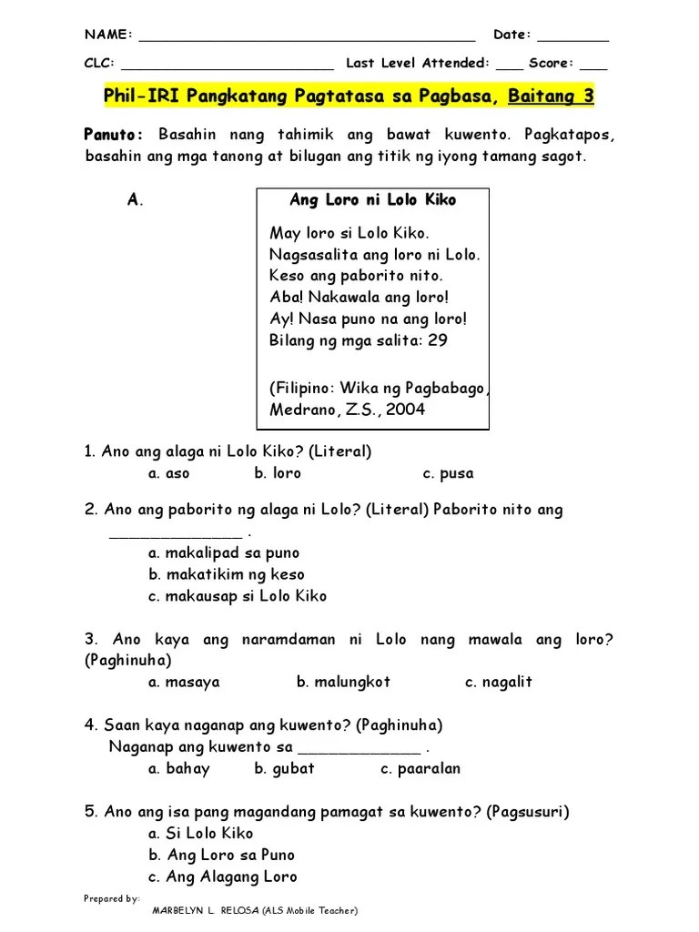 Pre-Test Phil-Iri Reading | PDF