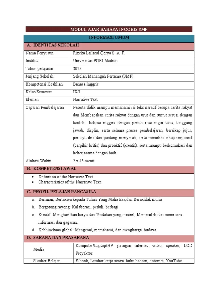 MODUL AJAR BAHASA INGGRIS SMP Narrative Text | PDF