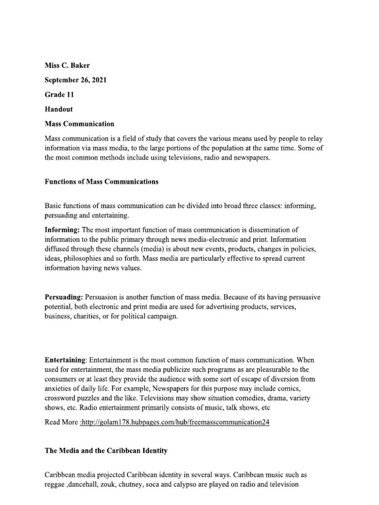 Mass Communication Handout | PDF