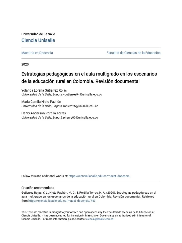 Estrategias Pedagógicas En El Aula Multigrado En Los Escenarios D | PDF | Enseñando | Maestros