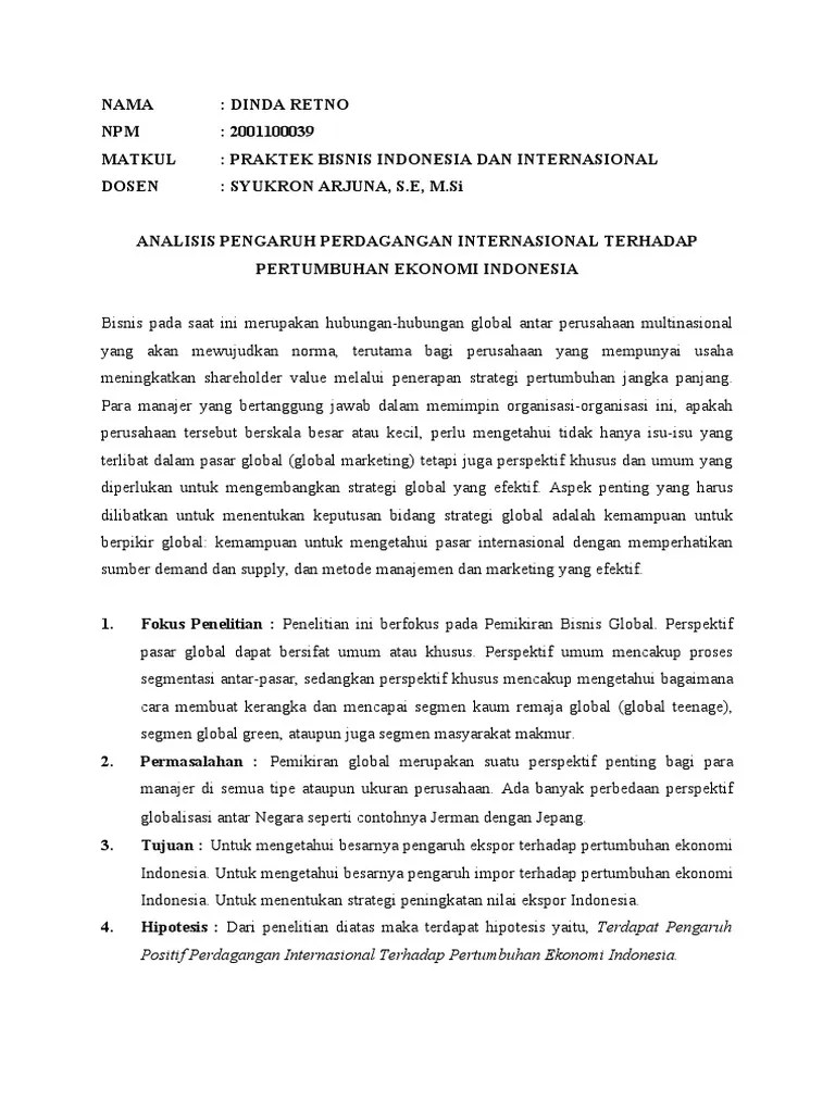 Analisis Pengaruh Perdagangan Internasional Terhadap Pertumbuhan Ekonomi Indonesia | PDF