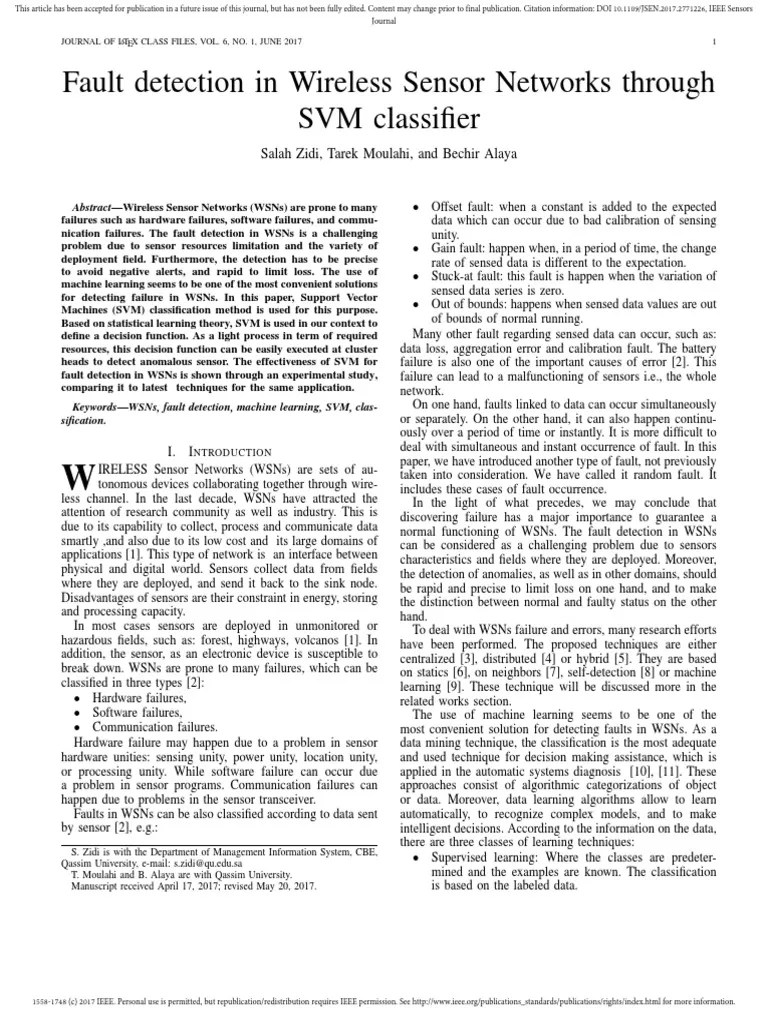 Fault Detection In Wireless Sensor Networks Through SVM Classifier | PDF