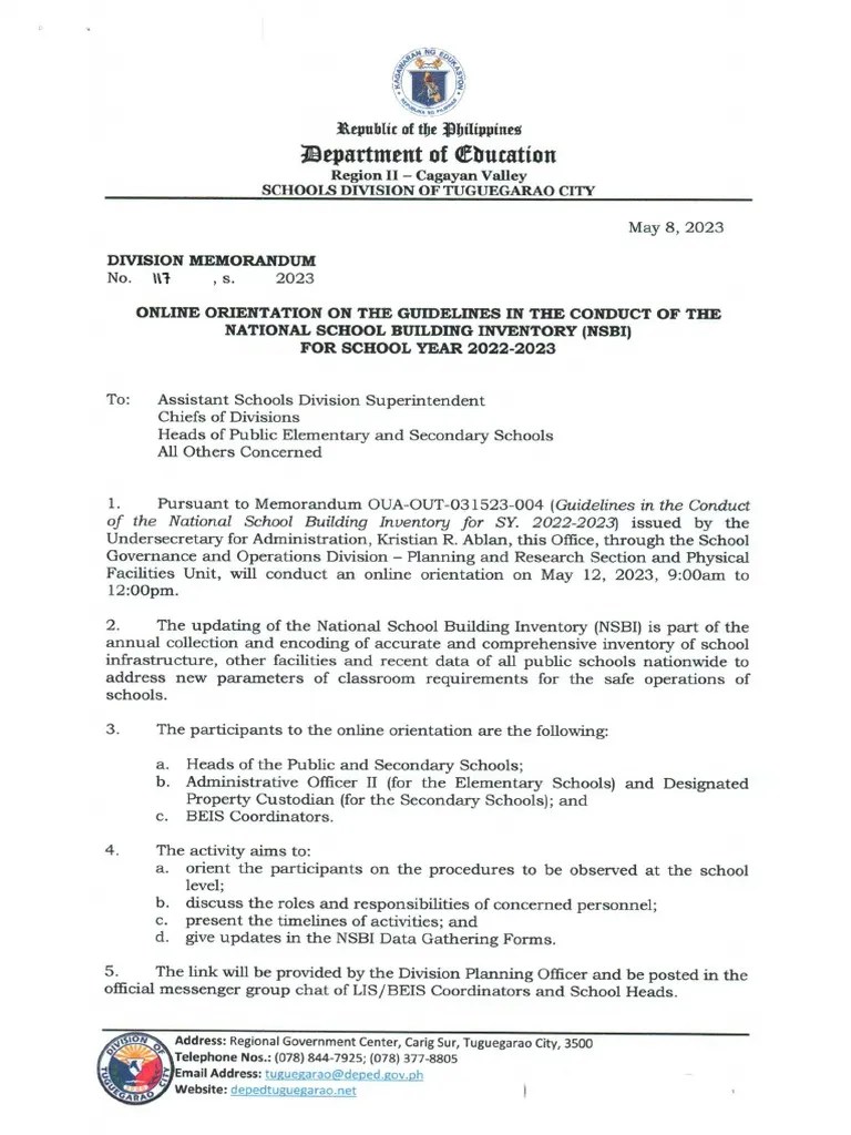 Div Memo No.117 S.2023 Online Orientation On The Guidelines In The Conduct Of The National ...