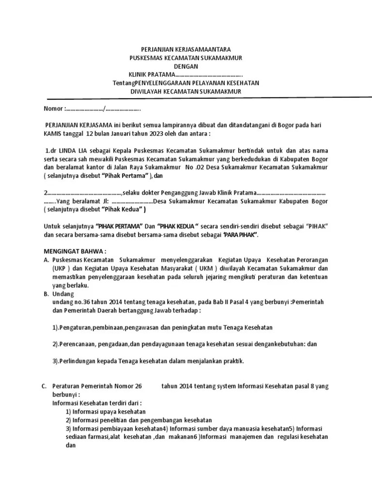 Perjanjian Kerjasamaantara PKM Dengan Klinik | PDF