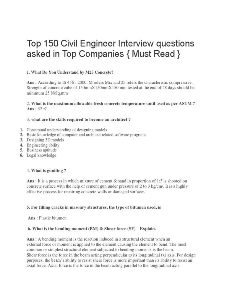 150 Civil Engineer Interview Questions Asked In Top Companies | PDF | Concrete | Reinforced Concrete