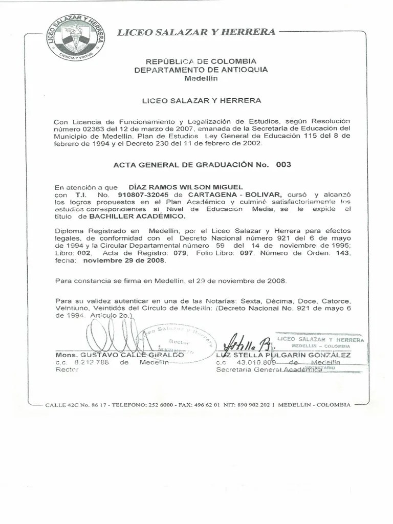 Acta De Graduación Bachiller | PDF