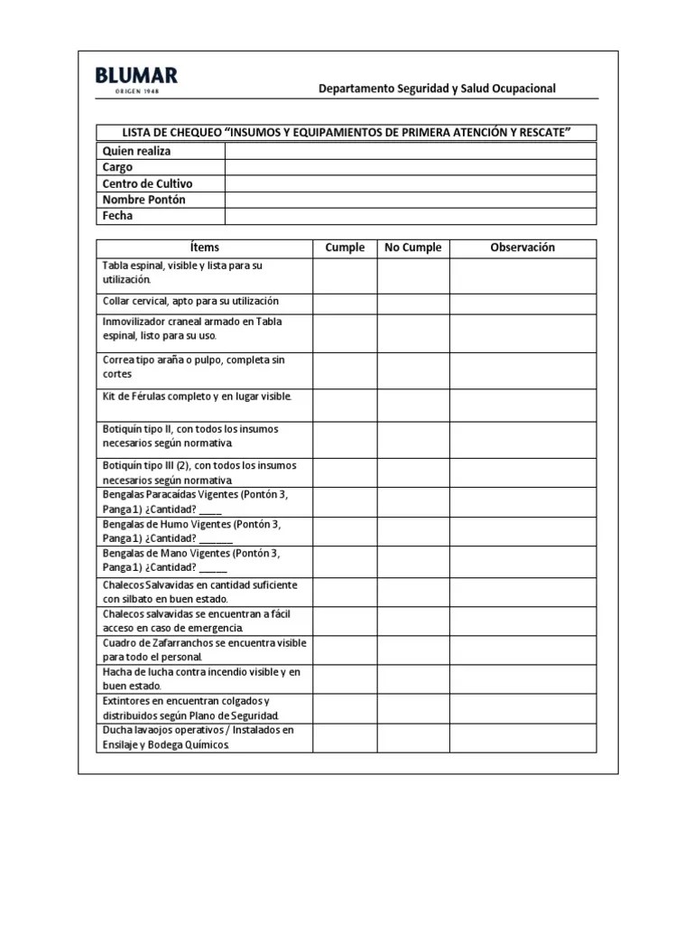 Lista De Verificación Equipos Insumos Elementos De Primera Atención Y Rescate. | PDF