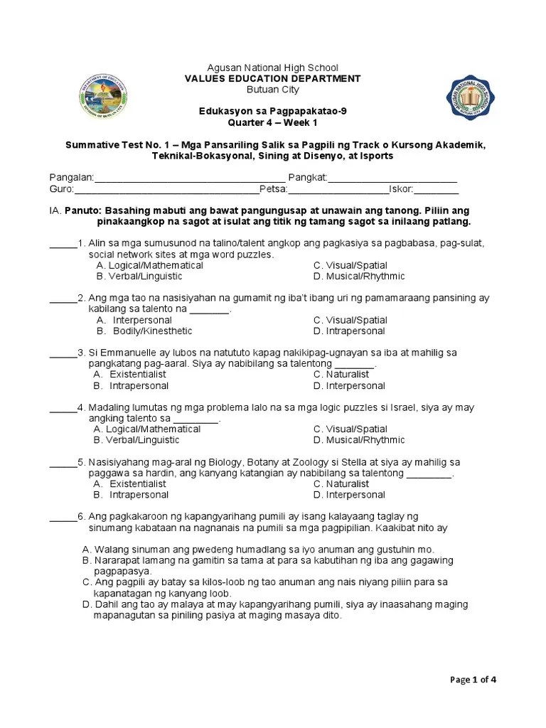 4th Quarter Summative Test 1 | PDF