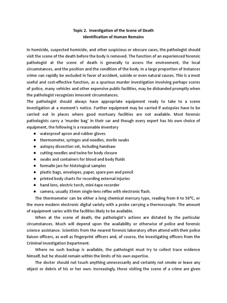 Topic 2. Investigation Of The Scene Of Death | PDF | Autopsy | Forensic Science