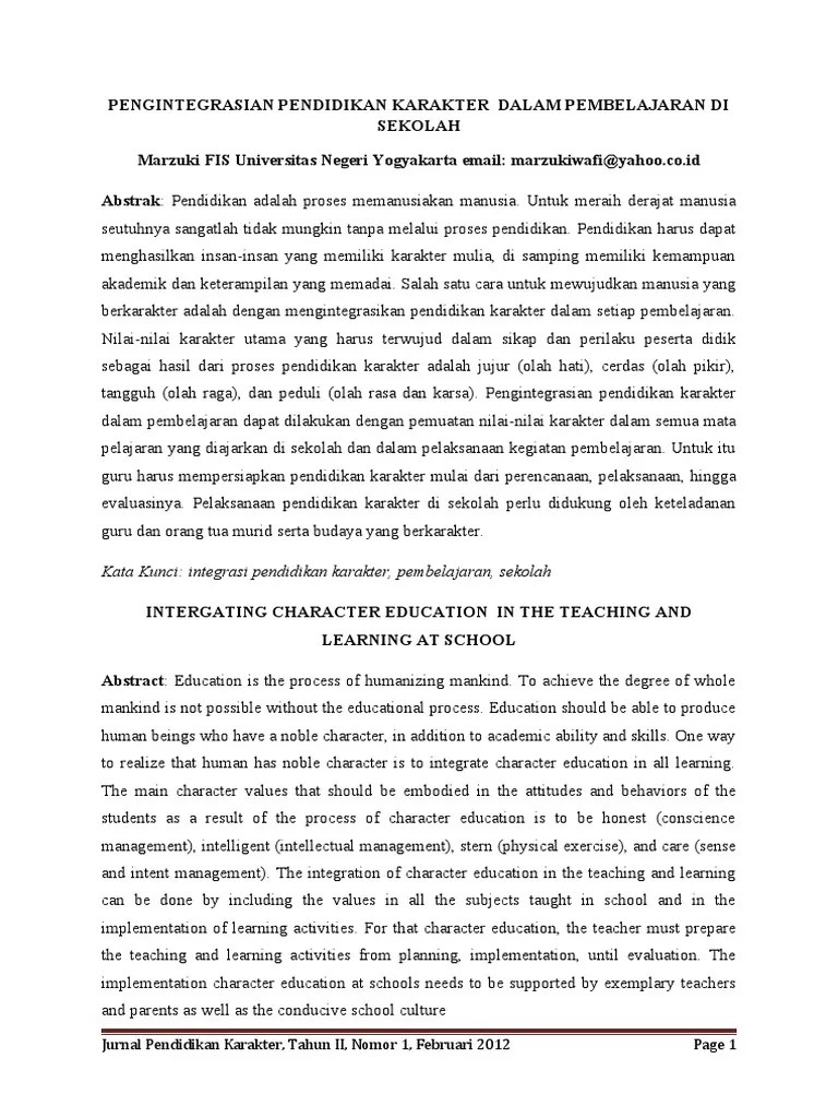 Pengintegrasian Pendidikan Karakter Dalam Pembelajaran Di Sekolah | PDF