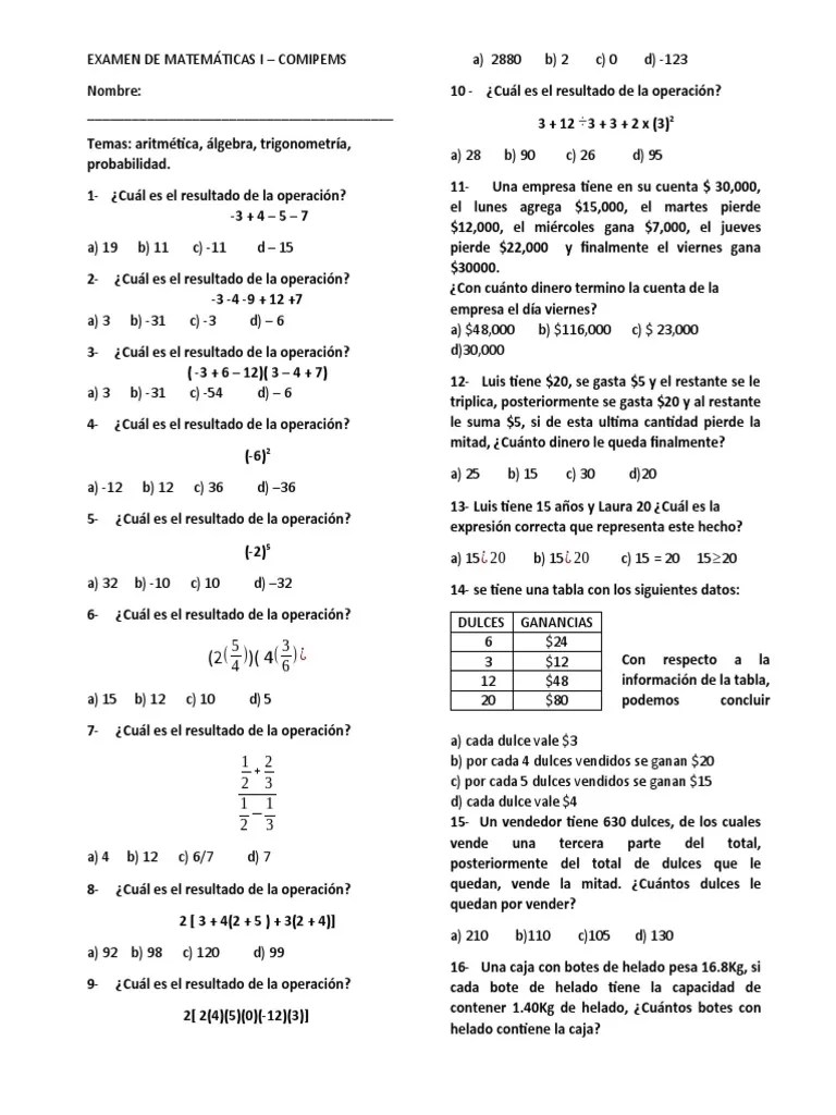 Examen Matemáticas COMIPEMS | PDF | Ecuaciones | Matemáticas