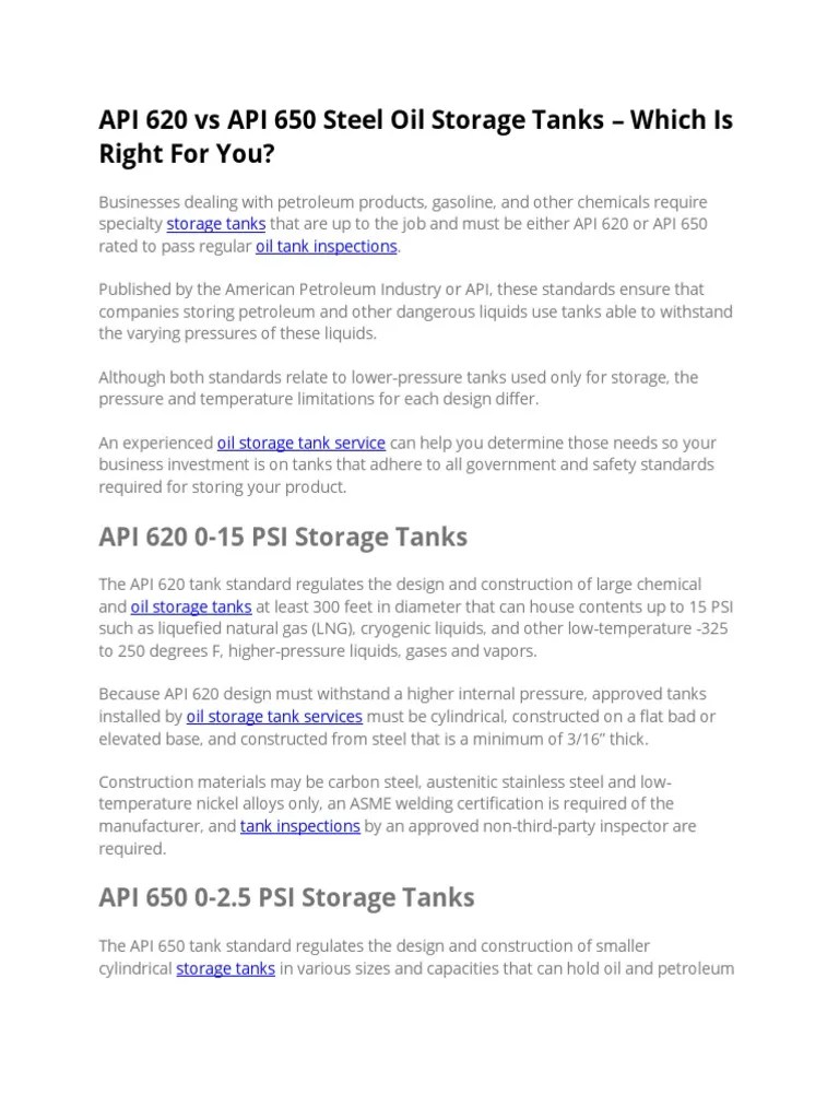 API 620 Vs API 650 Steel Oil Storage Tanks | PDF | Steel | Cryogenics