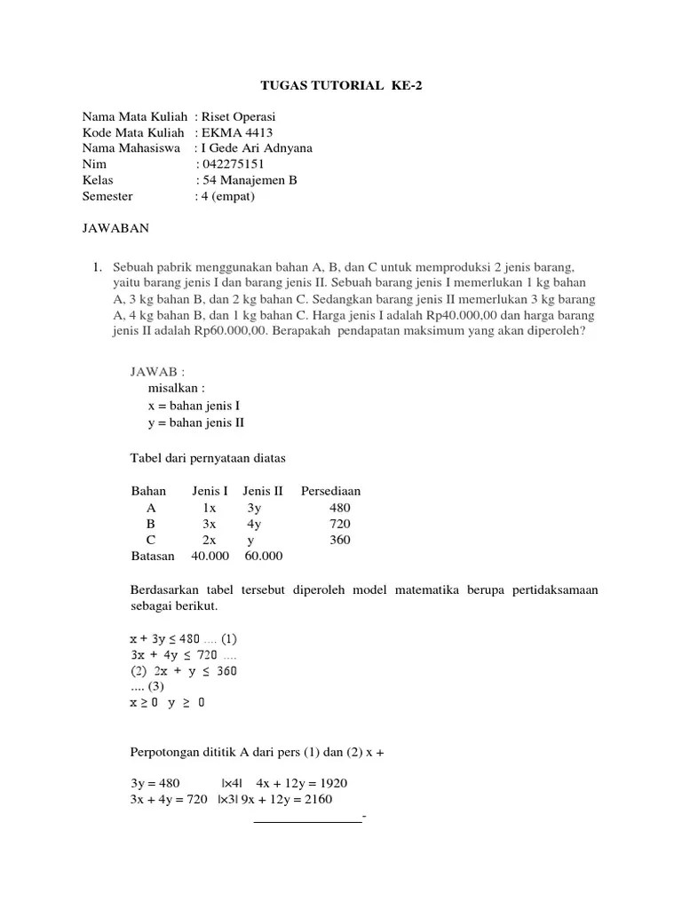 TUGAS TUTORIAL 2 Riset Operasi | PDF