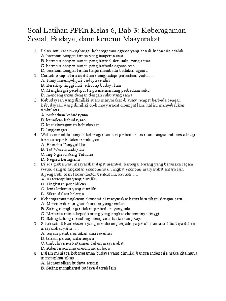 Soal Latihan PPKN Kelas 6 Bab 3, Keberagaman Sosbudkom | PDF