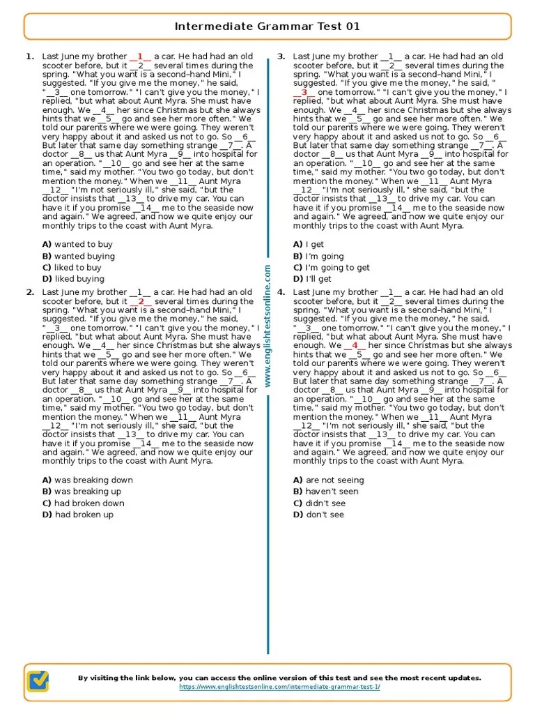 1562 - Intermediate Grammar Test 01 | PDF