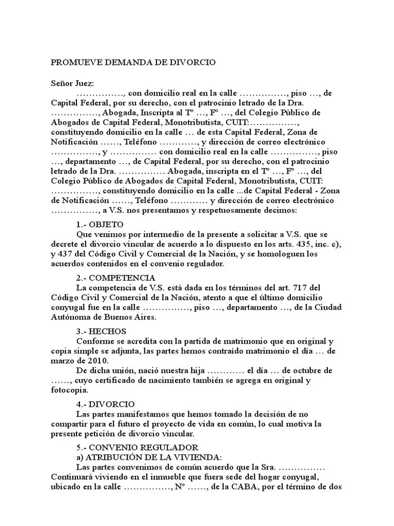 34-DIVORCIO VINCULAR CON CONVENIO REGULADOR-Modelos Civil Familia | PDF ...